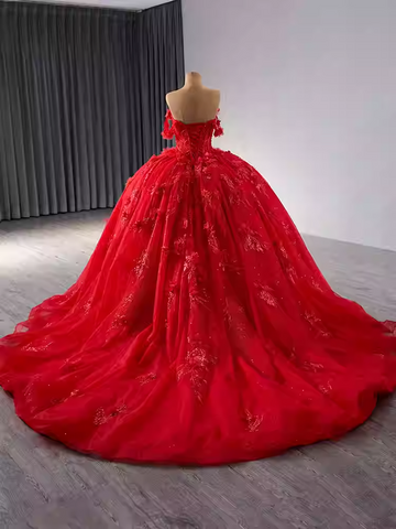 Elegant Strapless Red Tulle Ball Gown with Intricate Embroidered Detailing Prom Dress, BG022