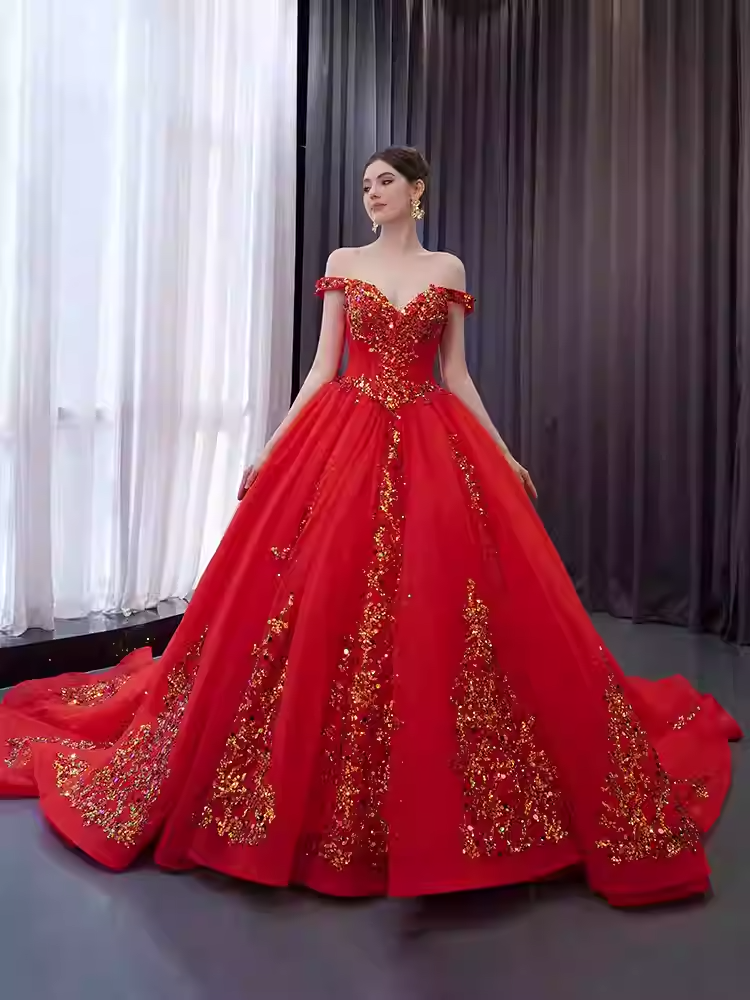 Regal Off - Shoulder Red Ball Gown with Gold Embroidered Accents Prom Dress, BG023