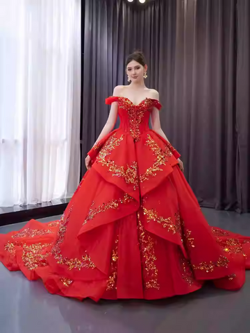Regal Off - Shoulder Red Ball Gown with Gold Embroidered Accents Prom Dress, BG023
