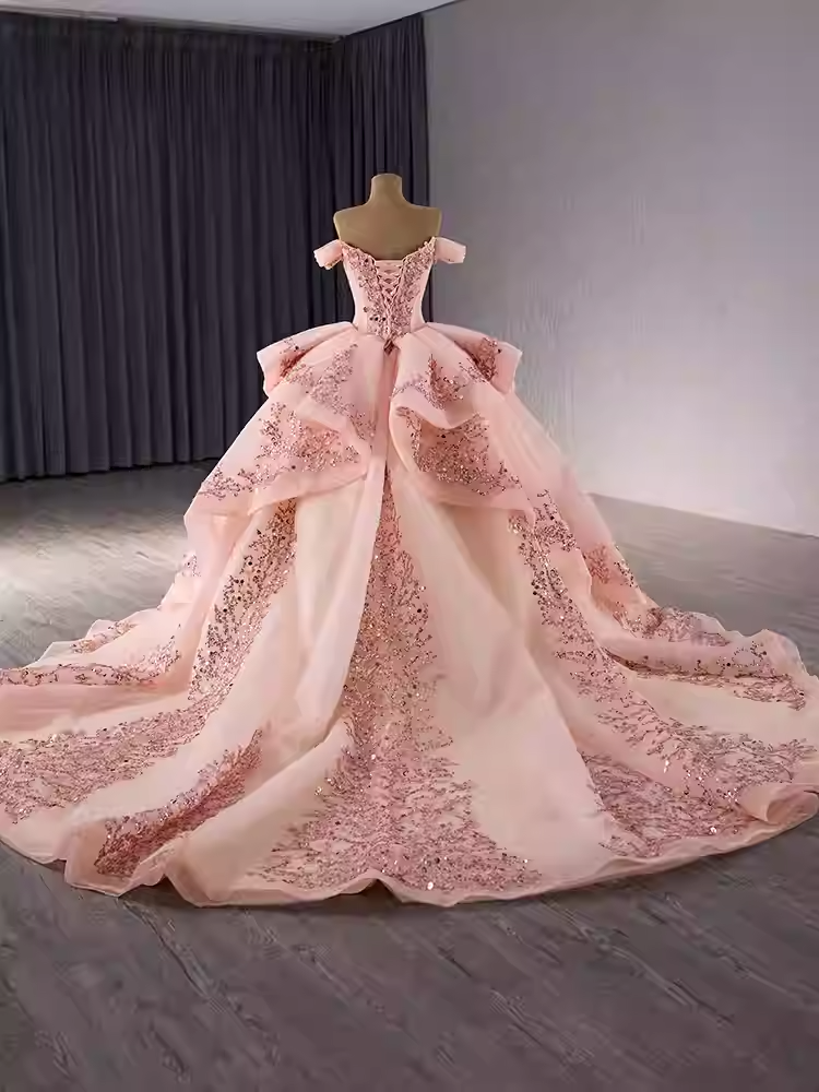 Regal Off - Shoulder Red Ball Gown with Gold Embroidered Accents Prom Dress, BG023