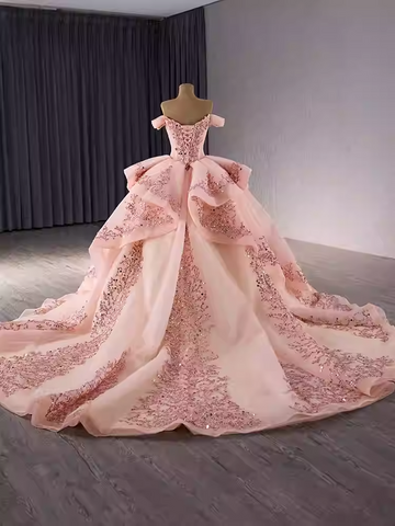 Regal Off - Shoulder Red Ball Gown with Gold Embroidered Accents Prom Dress, BG023