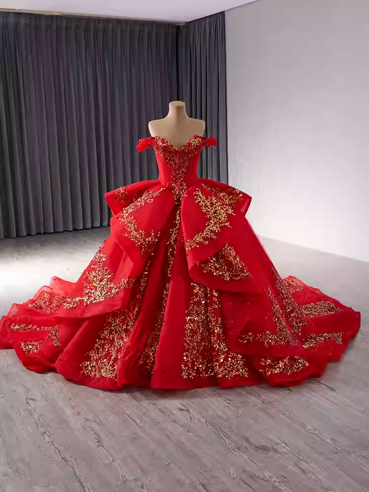 Regal Off - Shoulder Red Ball Gown with Gold Embroidered Accents Prom Dress, BG023