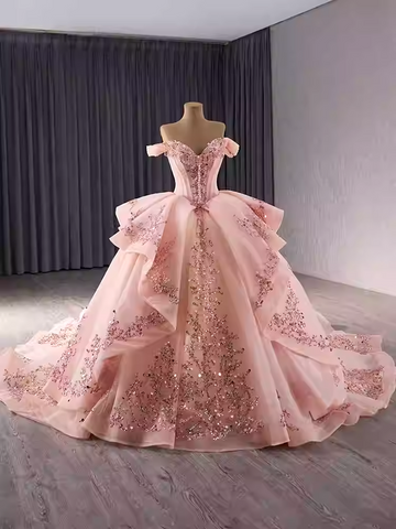Regal Off - Shoulder Red Ball Gown with Gold Embroidered Accents Prom Dress, BG023