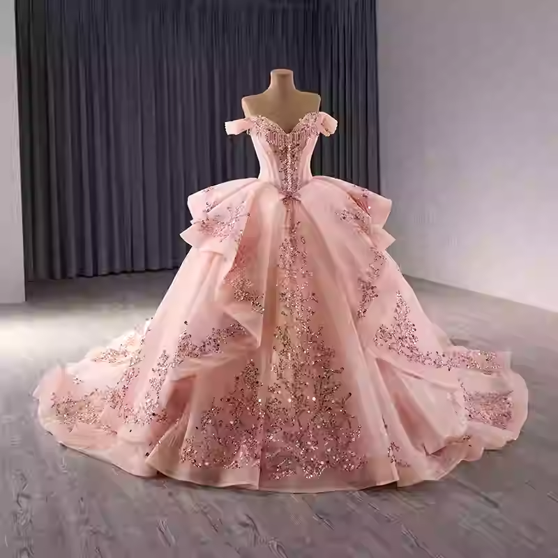Regal Off - Shoulder Red Ball Gown with Gold Embroidered Accents Prom Dress, BG023