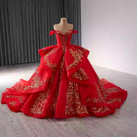 Regal Off - Shoulder Red Ball Gown with Gold Embroidered Accents Prom Dress, BG023
