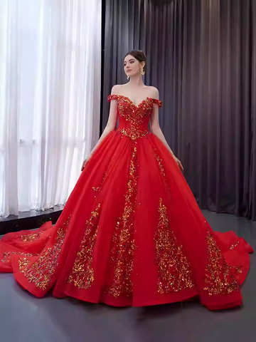 Regal Off - Shoulder Red Ball Gown with Gold Embroidered Accents Prom Dress, BG023