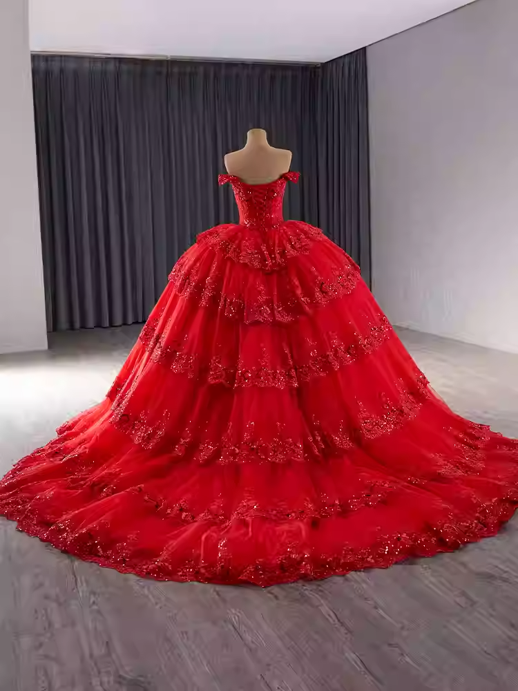 Luxurious Off - Shoulder Red Ball Gown with Ruffled Layers and Sparkling Embellishments Prom Dress, BG024