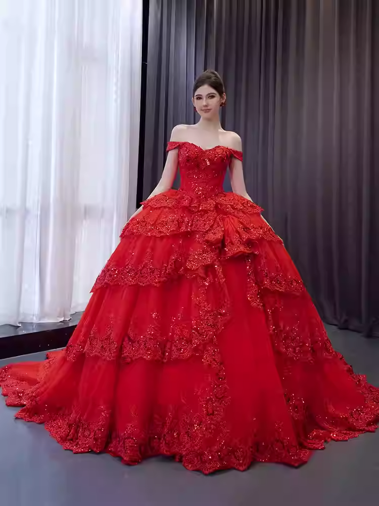 Luxurious Off - Shoulder Red Ball Gown with Ruffled Layers and Sparkling Embellishments Prom Dress, BG024