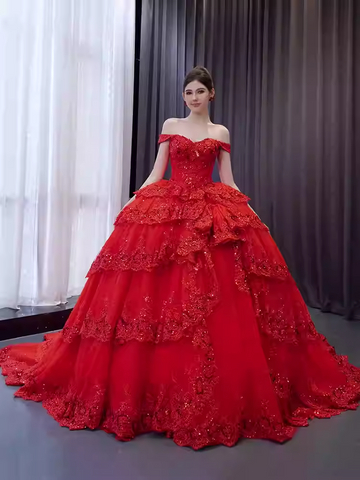 Luxurious Off - Shoulder Red Ball Gown with Ruffled Layers and Sparkling Embellishments Prom Dress, BG024