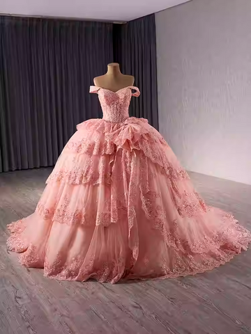 Luxurious Off - Shoulder Red Ball Gown with Ruffled Layers and Sparkling Embellishments Prom Dress, BG024