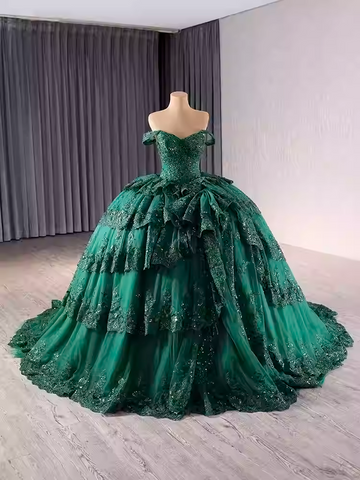 Luxurious Off - Shoulder Red Ball Gown with Ruffled Layers and Sparkling Embellishments Prom Dress, BG024