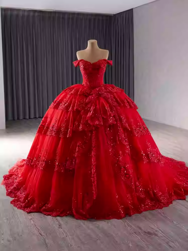 Luxurious Off - Shoulder Red Ball Gown with Ruffled Layers and Sparkling Embellishments Prom Dress, BG024