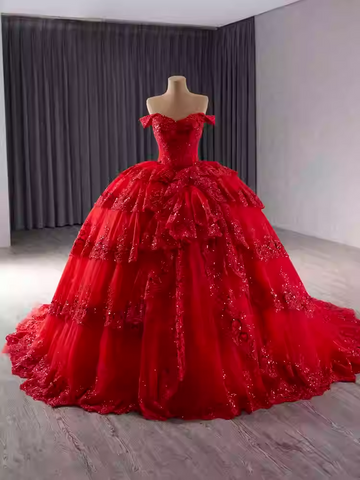 Luxurious Off - Shoulder Red Ball Gown with Ruffled Layers and Sparkling Embellishments Prom Dress, BG024