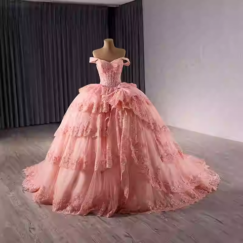 Luxurious Off - Shoulder Red Ball Gown with Ruffled Layers and Sparkling Embellishments Prom Dress, BG024