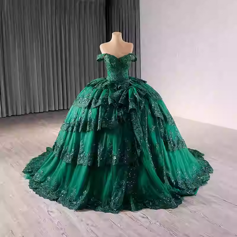 Luxurious Off - Shoulder Red Ball Gown with Ruffled Layers and Sparkling Embellishments Prom Dress, BG024