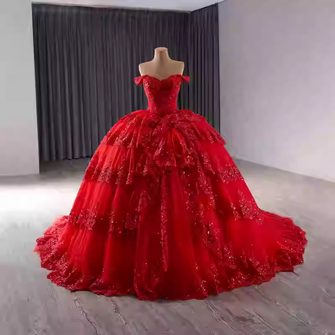 Luxurious Off - Shoulder Red Ball Gown with Ruffled Layers and Sparkling Embellishments Prom Dress, BG024