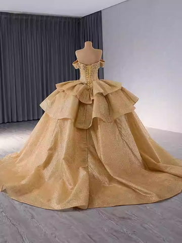 Glamorous Off - Shoulder Gold Ball Gown with Ruffled Bodice and Sparkling Details Prom Dress, BG025