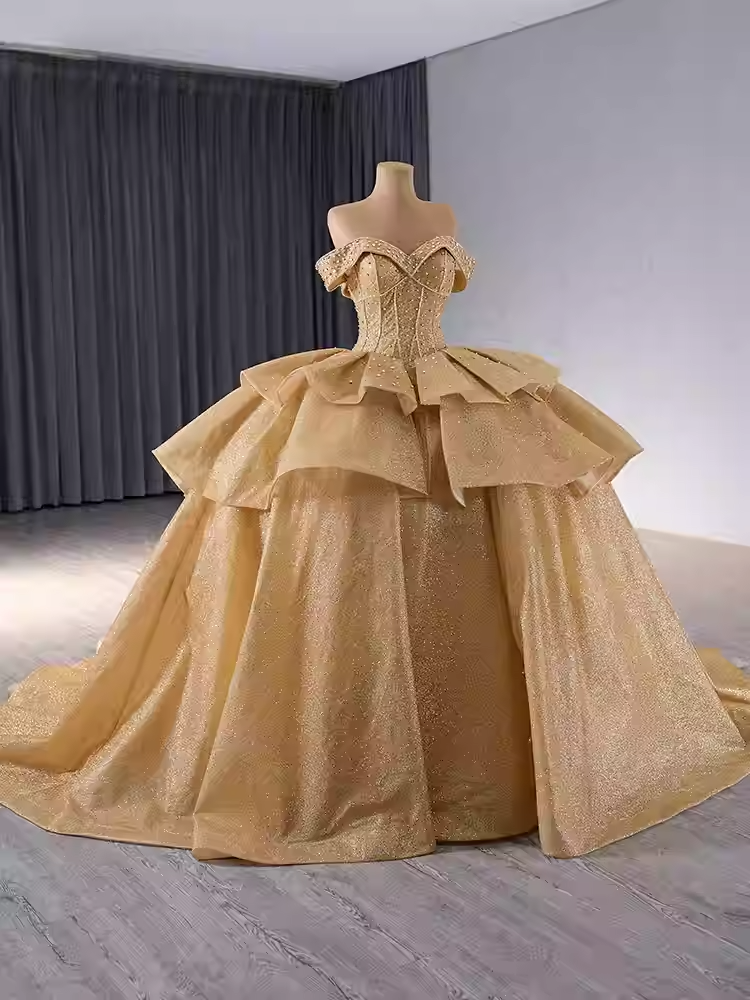 Glamorous Off - Shoulder Gold Ball Gown with Ruffled Bodice and Sparkling Details Prom Dress, BG025