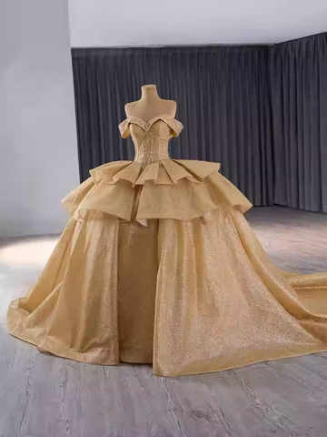 Glamorous Off - Shoulder Gold Ball Gown with Ruffled Bodice and Sparkling Details Prom Dress, BG025