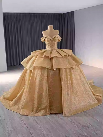 Glamorous Off - Shoulder Gold Ball Gown with Ruffled Bodice and Sparkling Details Prom Dress, BG025