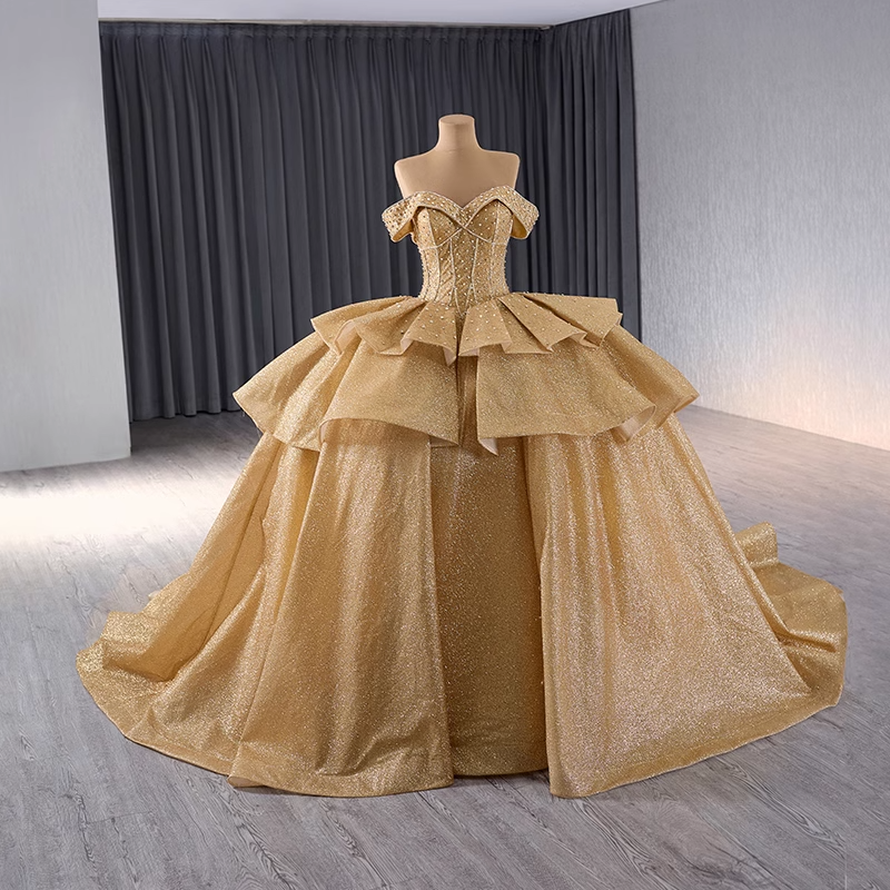 Glamorous Off - Shoulder Gold Ball Gown with Ruffled Bodice and Sparkling Details Prom Dress, BG025
