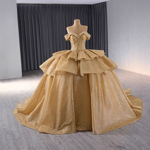 Glamorous Off - Shoulder Gold Ball Gown with Ruffled Bodice and Sparkling Details Prom Dress, BG025