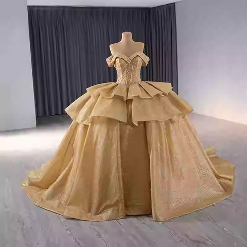 Glamorous Off - Shoulder Gold Ball Gown with Ruffled Bodice and Sparkling Details Prom Dress, BG025