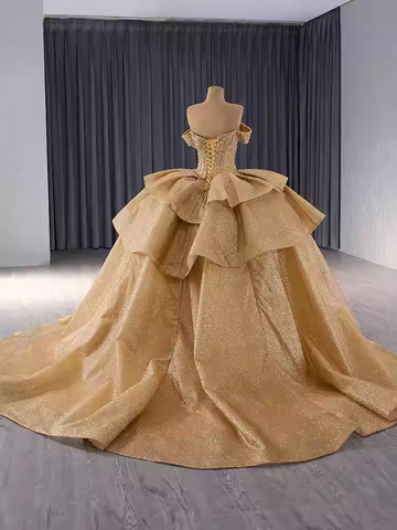 Glamorous Off - Shoulder Gold Ball Gown with Ruffled Bodice and Sparkling Details Prom Dress, BG025