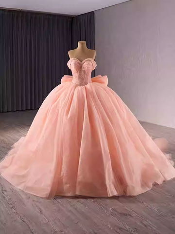 Charming Off - Shoulder Peach Ball Gown with Pleated Tulle Prom Dress, BG026