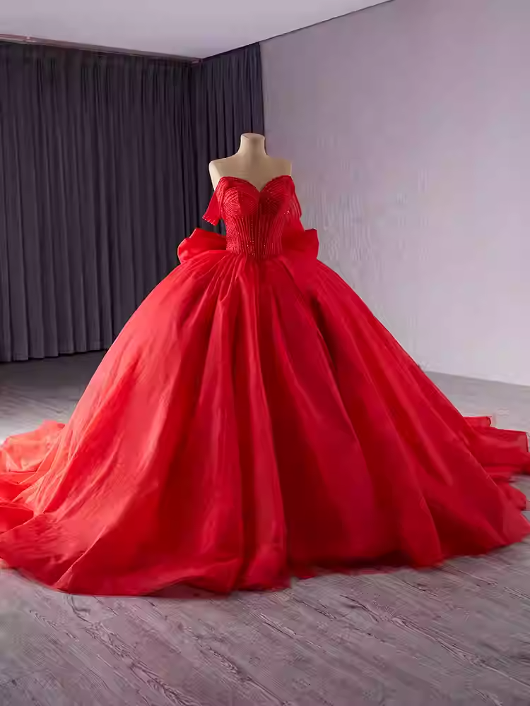 Charming Off - Shoulder Peach Ball Gown with Pleated Tulle Prom Dress, BG026