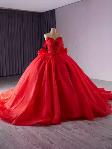 Charming Off - Shoulder Peach Ball Gown with Pleated Tulle Prom Dress, BG026
