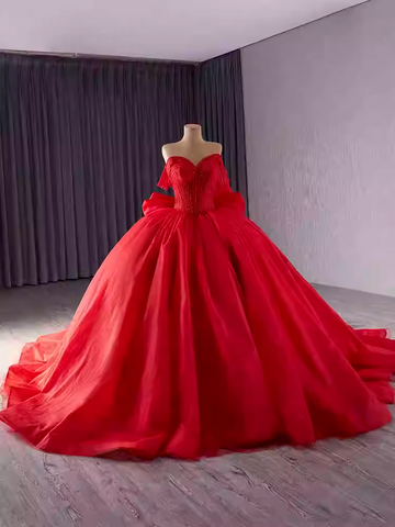 Charming Off - Shoulder Peach Ball Gown with Pleated Tulle Prom Dress, BG026