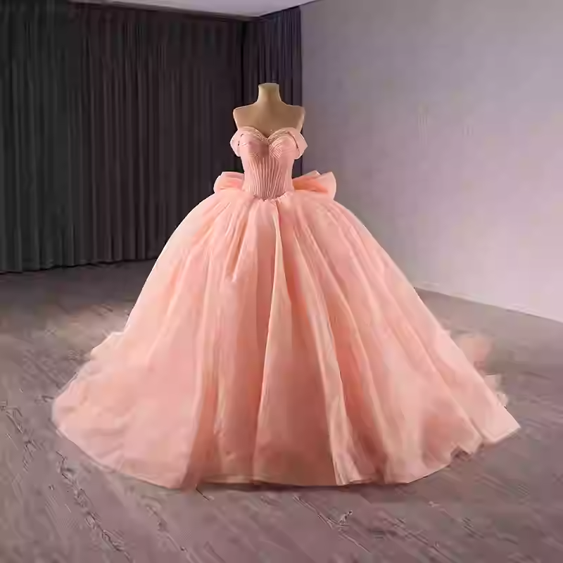 Charming Off - Shoulder Peach Ball Gown with Pleated Tulle Prom Dress, BG026