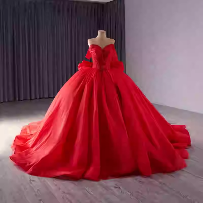Charming Off - Shoulder Peach Ball Gown with Pleated Tulle Prom Dress, BG026