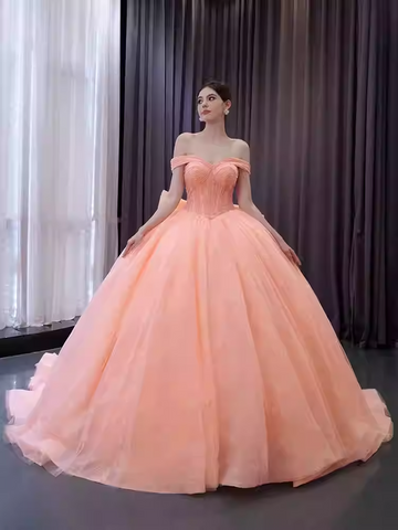 Charming Off - Shoulder Peach Ball Gown with Pleated Tulle Prom Dress, BG026
