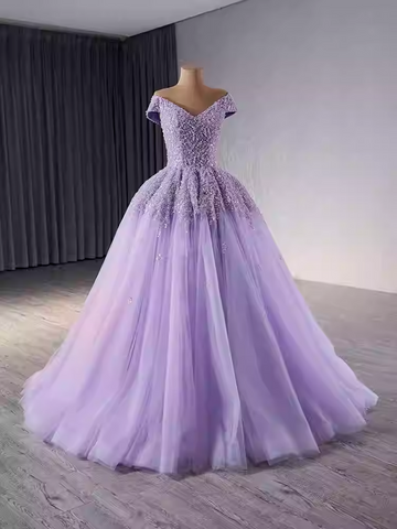 Enchanting Off - Shoulder Lavender Tulle Ball Gown with Sparkling Embellishments Prom Dress, BG027