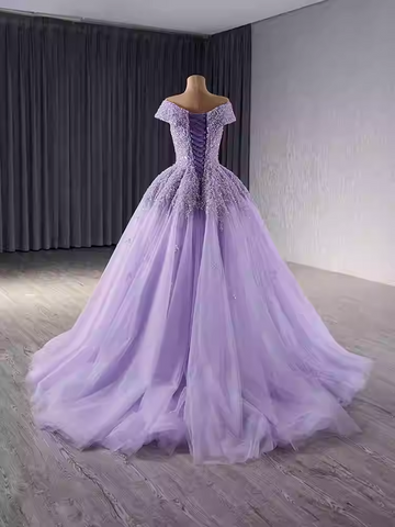Enchanting Off - Shoulder Lavender Tulle Ball Gown with Sparkling Embellishments Prom Dress, BG027