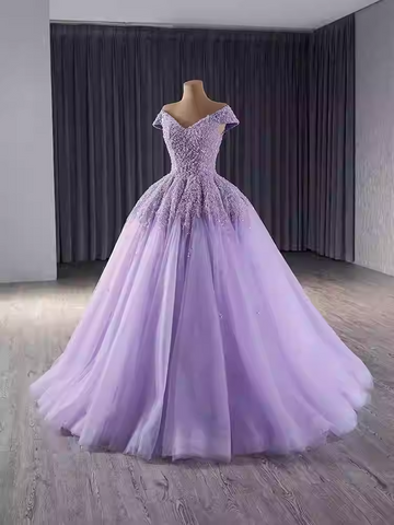 Enchanting Off - Shoulder Lavender Tulle Ball Gown with Sparkling Embellishments Prom Dress, BG027