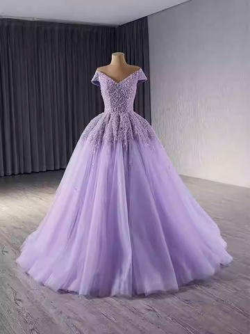 Enchanting Off - Shoulder Lavender Tulle Ball Gown with Sparkling Embellishments Prom Dress, BG027