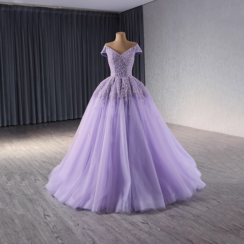 Enchanting Off - Shoulder Lavender Tulle Ball Gown with Sparkling Embellishments Prom Dress, BG027