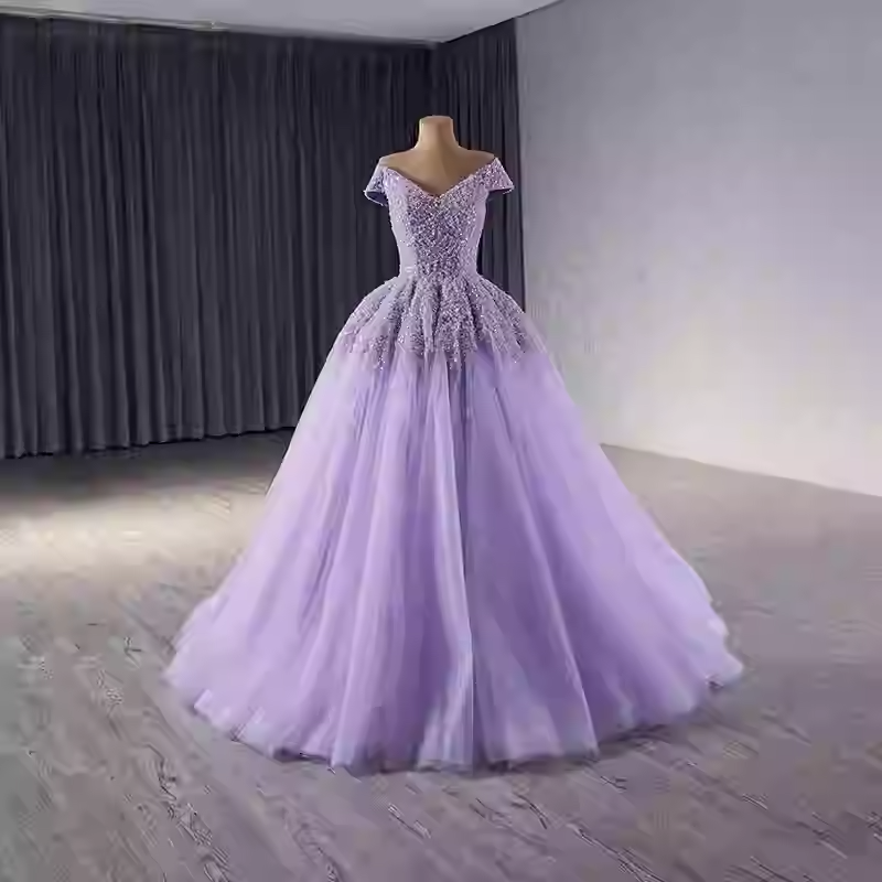 Enchanting Off - Shoulder Lavender Tulle Ball Gown with Sparkling Embellishments Prom Dress, BG027