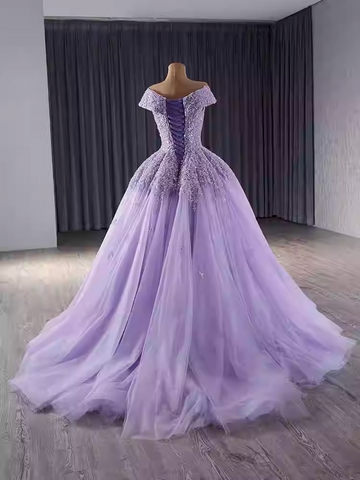 Enchanting Off - Shoulder Lavender Tulle Ball Gown with Sparkling Embellishments Prom Dress, BG027