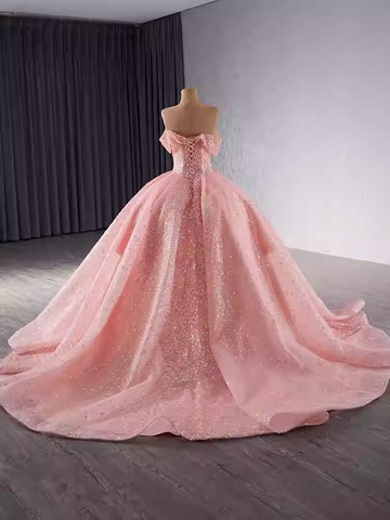 Gorgeous Off - Shoulder Pink Tulle Ball Gown with Sparkling Embellishments Prom Dress, BG028