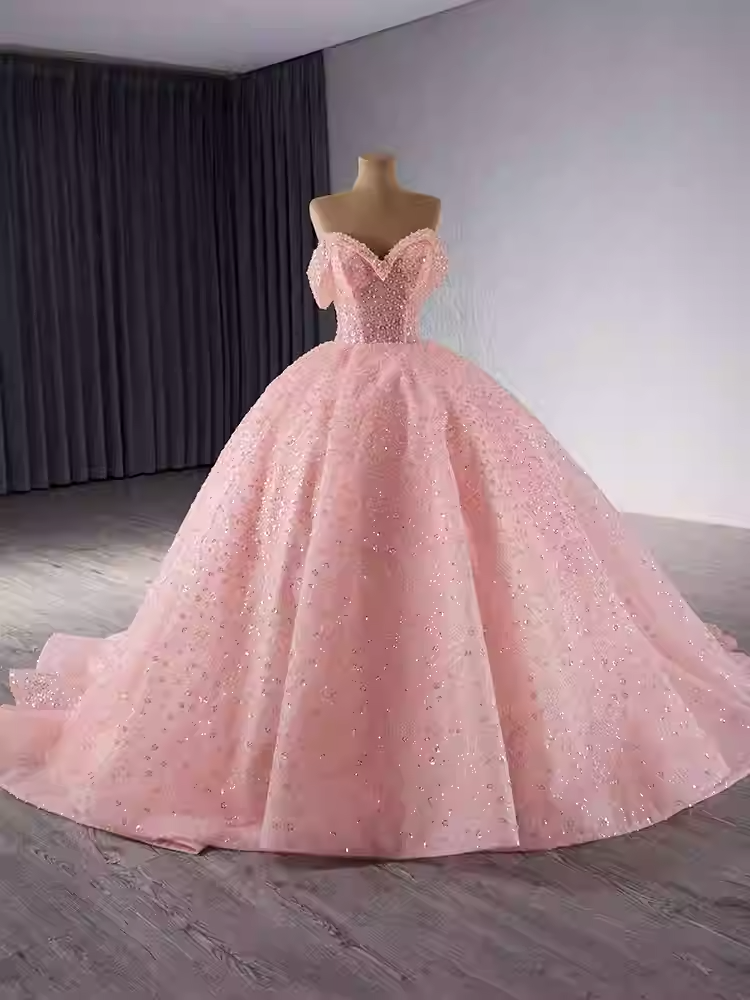 Gorgeous Off - Shoulder Pink Tulle Ball Gown with Sparkling Embellishments Prom Dress, BG028