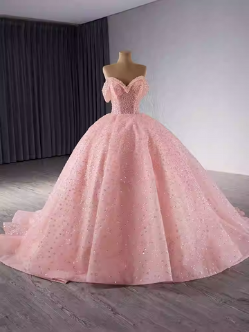 Gorgeous Off - Shoulder Pink Tulle Ball Gown with Sparkling Embellishments Prom Dress, BG028