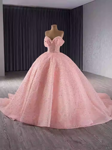 Gorgeous Off - Shoulder Pink Tulle Ball Gown with Sparkling Embellishments Prom Dress, BG028