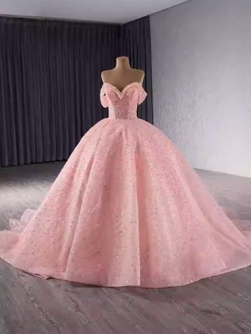 Gorgeous Off - Shoulder Pink Tulle Ball Gown with Sparkling Embellishments Prom Dress, BG028