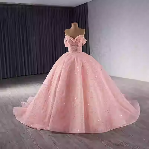 Gorgeous Off - Shoulder Pink Tulle Ball Gown with Sparkling Embellishments Prom Dress, BG028