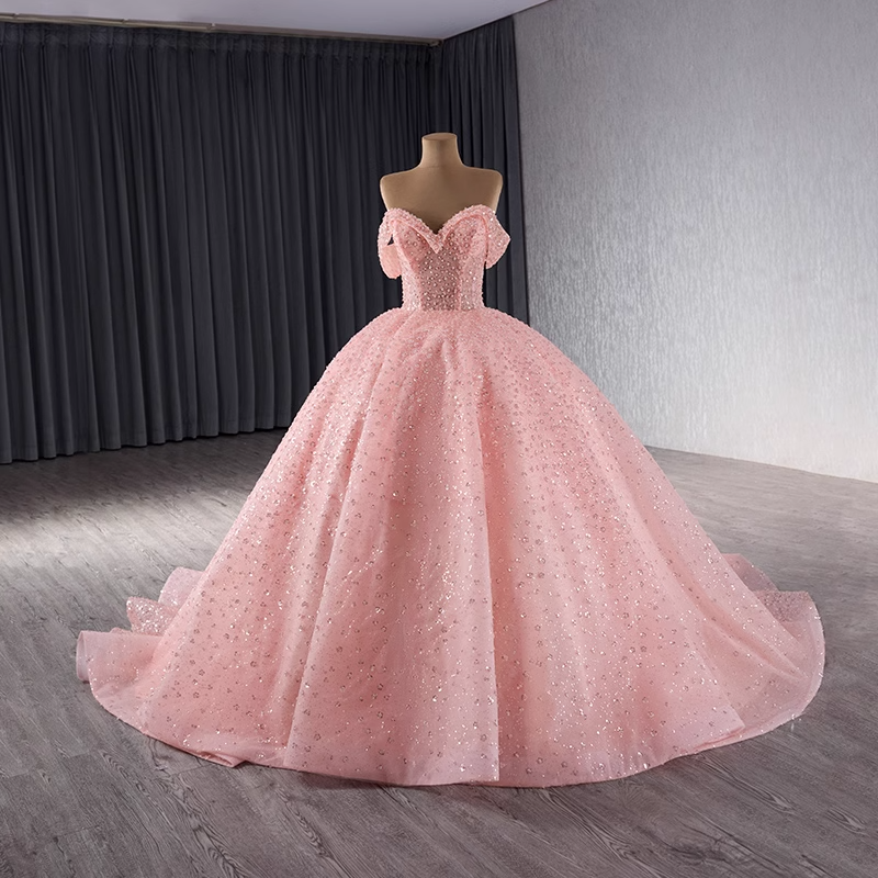 Gorgeous Off - Shoulder Pink Tulle Ball Gown with Sparkling Embellishments Prom Dress, BG028