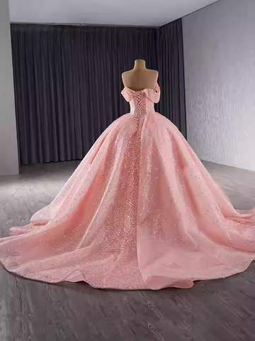 Gorgeous Off - Shoulder Pink Tulle Ball Gown with Sparkling Embellishments Prom Dress, BG028